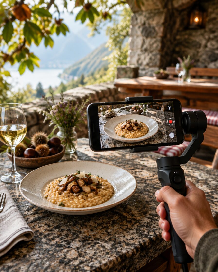 Uno smartphone riprende un piatto di risotto