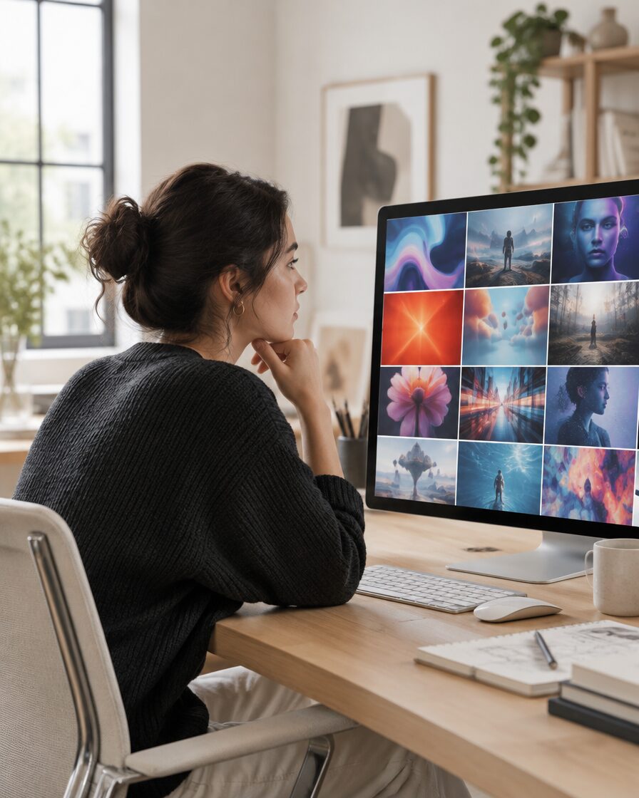 Una creativa davanti a uno schermo con immagini generate